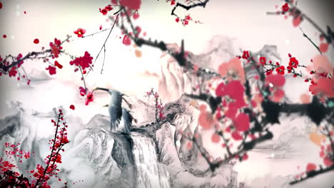 Mysterious-landscape-China's-traditional-Oriental-Digital-Art-animation,-Chinese-retro-painting-ink-misty-mountain-with-flowers,-tree,-birds,-river-in-fog-background