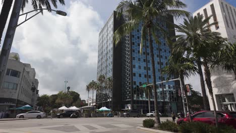 Skyscraper-with-palm-trees-under-a-bright-Miami-sky,-showcasing-modern-architecture,-USA