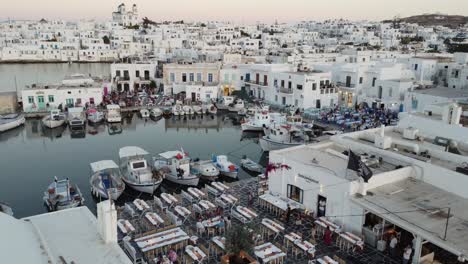 Naousa-Beach-and-Water-Park-Holiday-Resort-in-Paros-island,-Greece,-Aerial-view