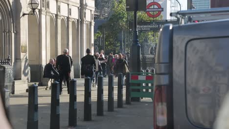 Westminster-tube-station,-central-London,-England-and-the-view-of-parliament