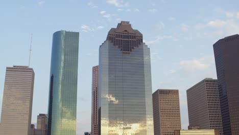 Low-angle-view-of-skyscrapers-in-downtown-Houston,-Texas