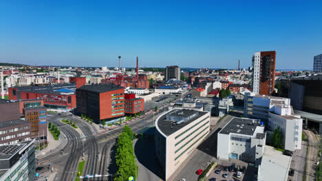 Ratina-cityscape,-sunny,-summer-day-in-Tampere,-Pirkanmaa,-Finland---Aerial-view