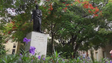 Simon-Bolivar-statue-on-pedestal-under-tree-in-Havana,-Cuba,-static-bottom-view