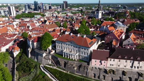 Aerial-Boom-Shot-Above-Government-Office-of-Estonia-in-Tallinn-Old-Town