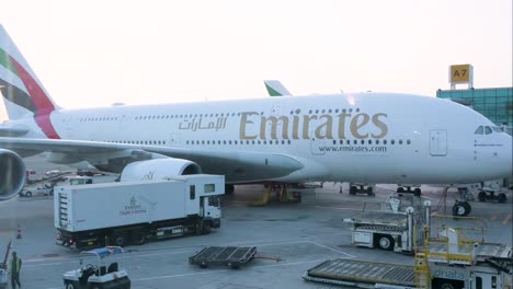 An-Airbus-A380-plane-from-the-United-Arab-Emirates-airline,-Emirates,-is-seen-at-Dubai-International-Airport,-United-Arab-Emirates-