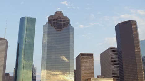 Low-angle-view-of-skyscrapers-in-downtown-Houston,-Texas