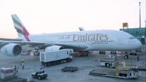 Un-Avión-Airbus-A380-800-De-La-Aerolínea-Emirates-Estacionado-En-El-Aeropuerto-Internacional-De-Dubai,-Emiratos-Árabes-Unidos-