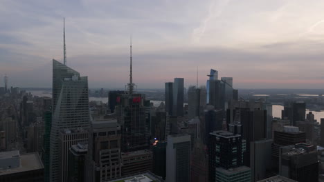 Aerial-view-around-highrise-at-Times-square-with-Hudson-yards-in-the-background