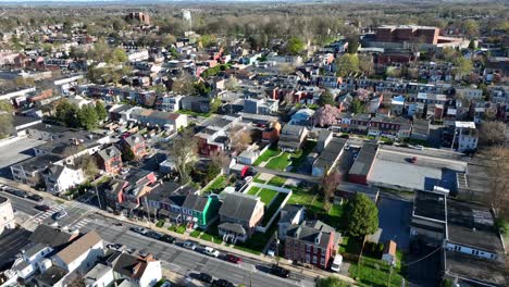 Aerial-shot-of-cityscape-in-american-town-during-sunny-day