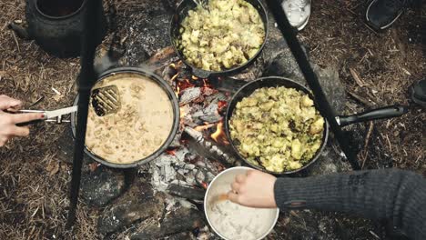 Top-down-view-of-people-cooking-on-bonfire-in-wild-forest