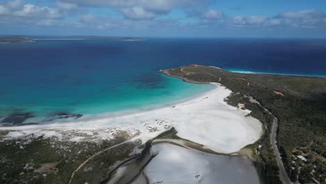 Aerial-approaching-shot-of-bremer-beach-with-turquoise-water-and-sand-in-bay-of-western-Australia