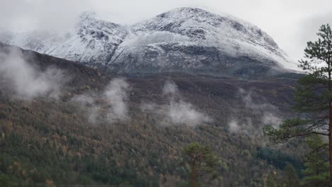 Fresh-snow-blankets-the-dark-mountain-tops,-contrasting-with-the-dark-green-of-the-gloomy-forest-covered-valley-below