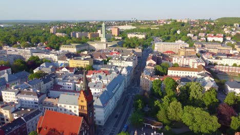 Aerial-view-of-Ostrava-City-Centre,-Czech-Republic-with-architecture-buildings,-tower-and-clock