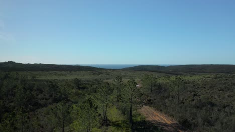 Drone-flying-towards-ocean-following-a-path-in-south-of-Portugal