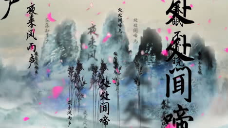 Fantasy-bright-ambience-landscape-of-beautiful-morning-sky,-mountains,-flowers,-lake,-ancient-house-with-simple-animation-in-Japanese-Chinese-anime-watercolour-style