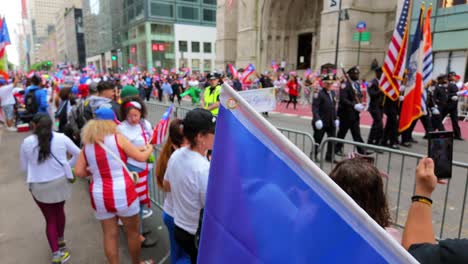 A-ground-level,-closeup-shot-of-the-Puerto-Rican-flag-during-the-parade-on-Fifth-Avenue-in-New-York-City