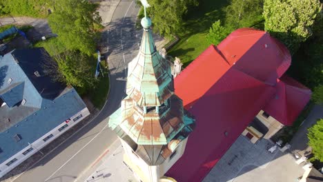 Top-Of-Copper-Building-Almost-Fully-Oxidized-in-Ostrava,-Czechia