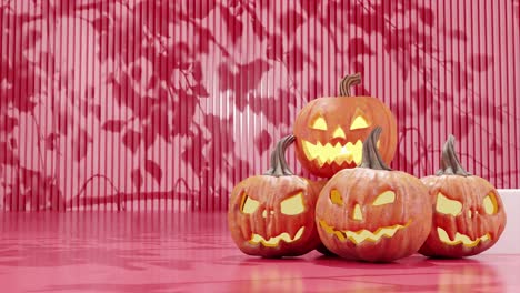 Jack-o&#39;-linternas-Brillantes-En-El-Fondo-Rojo-Festivo-De-Halloween