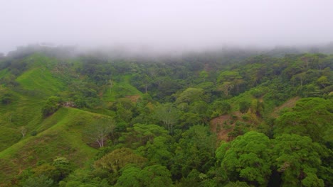 Fog-over-hilly-forest-landscape,-aerial-drone-view