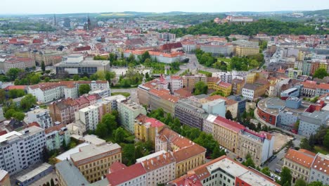 Drone-cityscape-view-of-Brno-City-captures-beautiful-architecture-building,-Czech-Republic