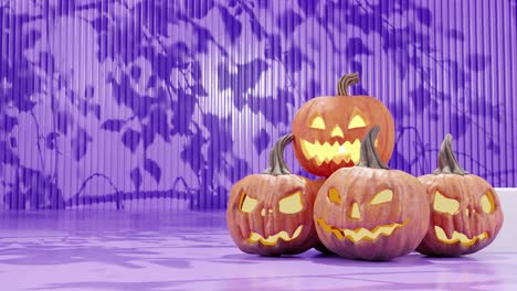 Leuchtende-Kürbislaternen-In-Festlicher-Halloween-Umgebung-Mit-Violettem-Hintergrund