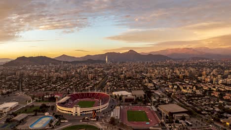 Aerial-Time-Lapse-Of-The-National-Stadium-Of-Chile-In-Santiago-During-Golden-Hour