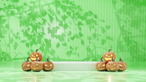 Un-Brillante-Jack-o&#39;-lanterns-En-El-Fondo-Verde-Festivo-De-Halloween-Vertical