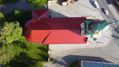 Bird-eye-view-from-above,-red-roof,-trees,-tower-and-highway-at-Ostrava,-Czech-Republic