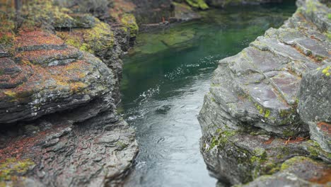 A-wild-river-carries-its'-emerald-green-waters-through-a-deep,-narrow,-rocky-canyon-with-moss-covered-cliffs