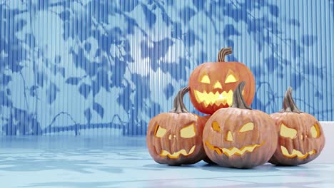 Jack-o&#39;-linternas-Brillantes-En-El-Fondo-Azul-Festivo-De-Halloween