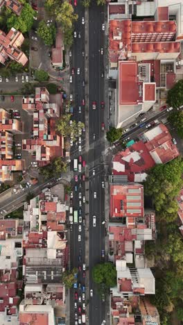 Vertical-aerial-view-of-avenues-in-southern-Mexico-City,-capturing-Latin-American-life