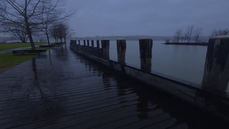 A-beautiful,-rainy,-blue-evening-on-the-waterfront-in-Beacon,-New-York,-in-the-Hudson-Valley