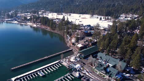 Lake-Tahoe-Marina-and-Tahoe-City-on-Sunny-Winter-Day,-California-USA,-Drone-Aerial-View