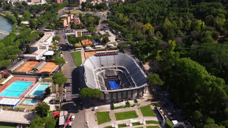 Drone-Orbita-Sobre-El-Estadio-Central-De-Tenis-En-El-Complejo-Deportivo-Foro-Itálico