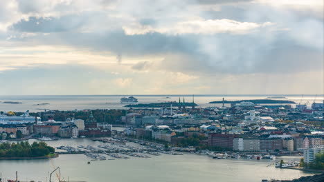 Time-lapse-of-cruise-liners-leaving-Helsinki-city,-mostly-cloudy-day-in-Finland