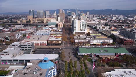 Oakland,-California-USA,-Aerial-View-of-Broadway-From-Port-to-Downtown,-Buildings-and-Freeway-Traffic