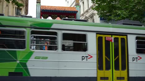 Bustling-downtown-Melbourne-city-featuring-iconic-landmark-Chinatown-on-Little-Bourke-street-with-pedestrians-crossing-and-trams-running-along-Swanston-street