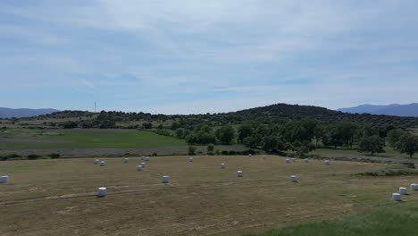 Rückflug-Mit-Einer-Drohne-über-Eine-Fläche-Mit-Grünen-Wiesen.-Auf-Einer-Dieser-Wiesen-Wurde-Das-Gras-Gemäht-Und-Es-Liegen-Große,-Runde-Strohballen,-Die-Mit-Weißem-Plastik-Bedeckt-Sind,-In-Der-Provinz-Ávila.