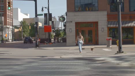 Intersection-in-downtown-Grand-Rapids,-Michigan-with-traffic-and-pedestrians-and-stable-video-shot