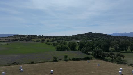 Vuelo-Inverso-Con-Drone-Empezando-En-Una-Zona-De-Prados-Verdes-Y-Hay-Un-Cerro-Y-En-Un-Campo-Han-Cortado-La-Hierba-Y-Hay-Grandes-Fardos-Redondos-De-Paja-En-La-Provincia-De-Avila