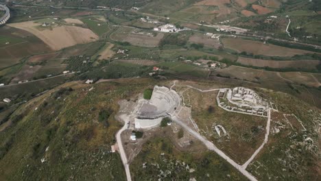 Aerial-of-Archaeological-Park-of-Segesta-ruins-in-Sicily-,-Italy