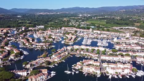 Panoramic-view,-Southern-coastal-town,-Mediterranean-sea-landmark,-aerial