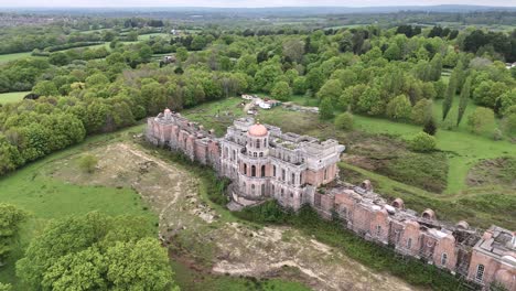 Aerial-view-on-Hamilton-Palace-abandoned-residence-called-Ghost-house,-Uckfield,-UK