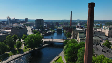 Tammerkoski-river-and-downtown-Tampere,-summer-in-Finland---Static,-drone-shot