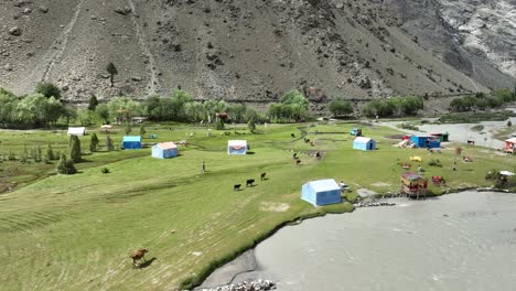 Vista-Aérea-Del-Valle-De-Basho-En-Skardu-Con-Tiendas-De-Campaña-En-El-Suelo-Y-Vida-Silvestre-Caminando-Junto-Al-Río-Indo