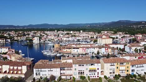 Aerial-reveal,-yacht-moorings,-French-Riveria-destination,-travel-landmark