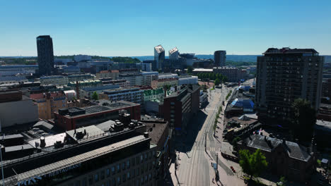 Aerial-tracking-shot-of-downtown-Tampere,-sunny,-summer-day-in-Finland