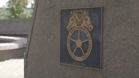 International-Brotherhood-of-Teamsters-Local-406-sign-in-downtown-Grand-Rapids,-Michigan-with-stable-video-shot