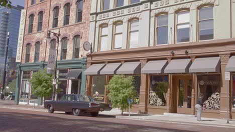 Antique-car-in-downtown-Grand-Rapids,-Michigan-with-stable-video-wide-shot