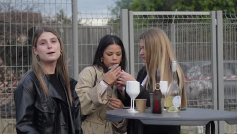 Slow-motion-shot-of-a-group-of-girls-drinking-wine-and-smoking